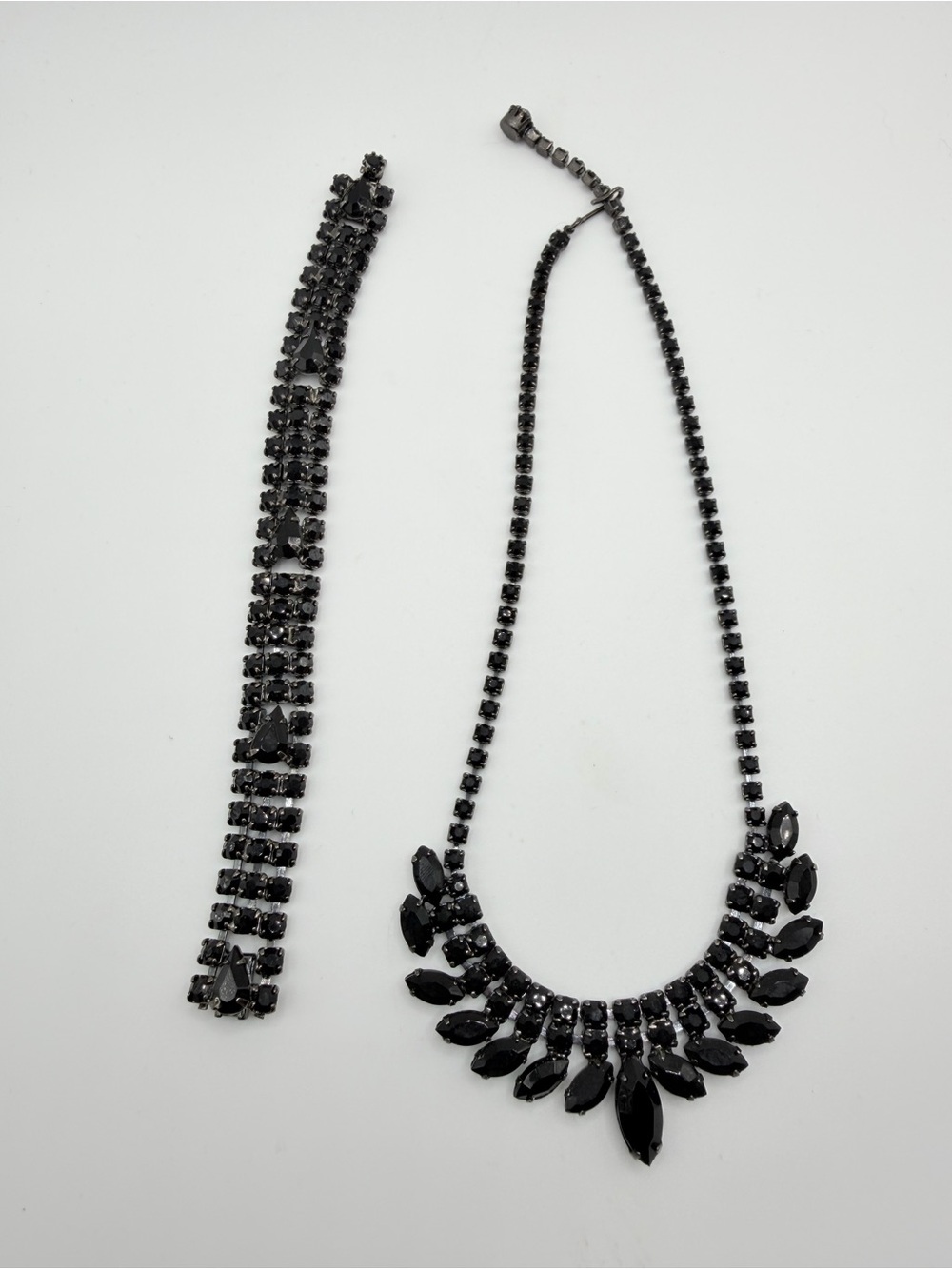 Vintage 1950s Black Rhinestone Necklace Bracelet Set Japanned Metal Parure